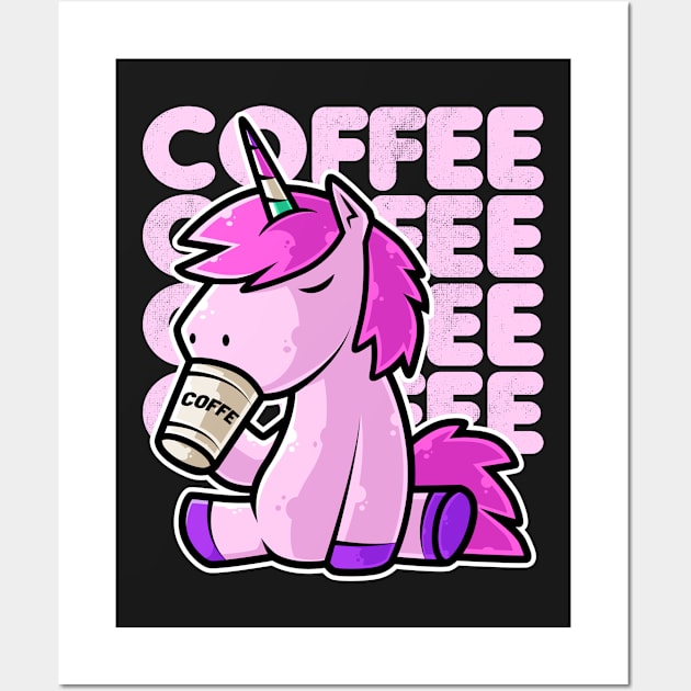 Cute Unicorn Drinking Coffee Kawaii Neko Anime print Wall Art by theodoros20